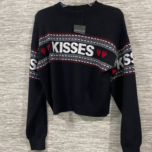 Arden B. Black Sweater With "Kisses" & Heart Pattern Size S Long Sleeves NWT - Picture 1 of 5